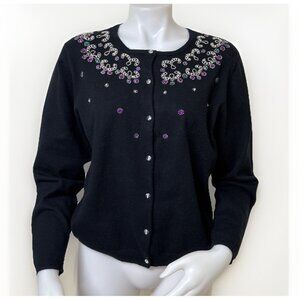 Vintage Pappagallo Sweater Womens XL Petite Black Beaded Crystal Button Holiday